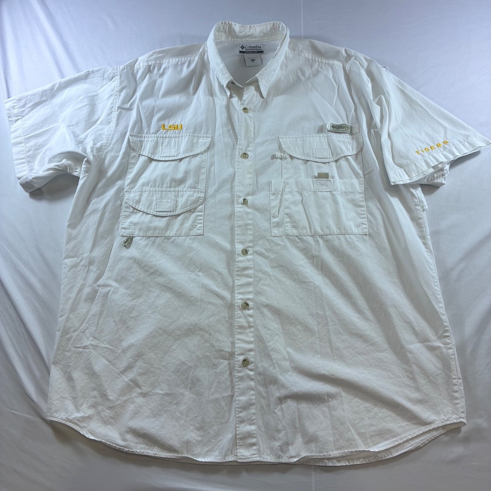 Columbia PFG LSU Tigers Fishing Shirt Mens XXL White Short Sleeve Button Down